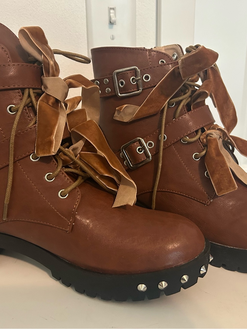 Brown Studded Lace-Up Combat Boots - Women size 8.5
